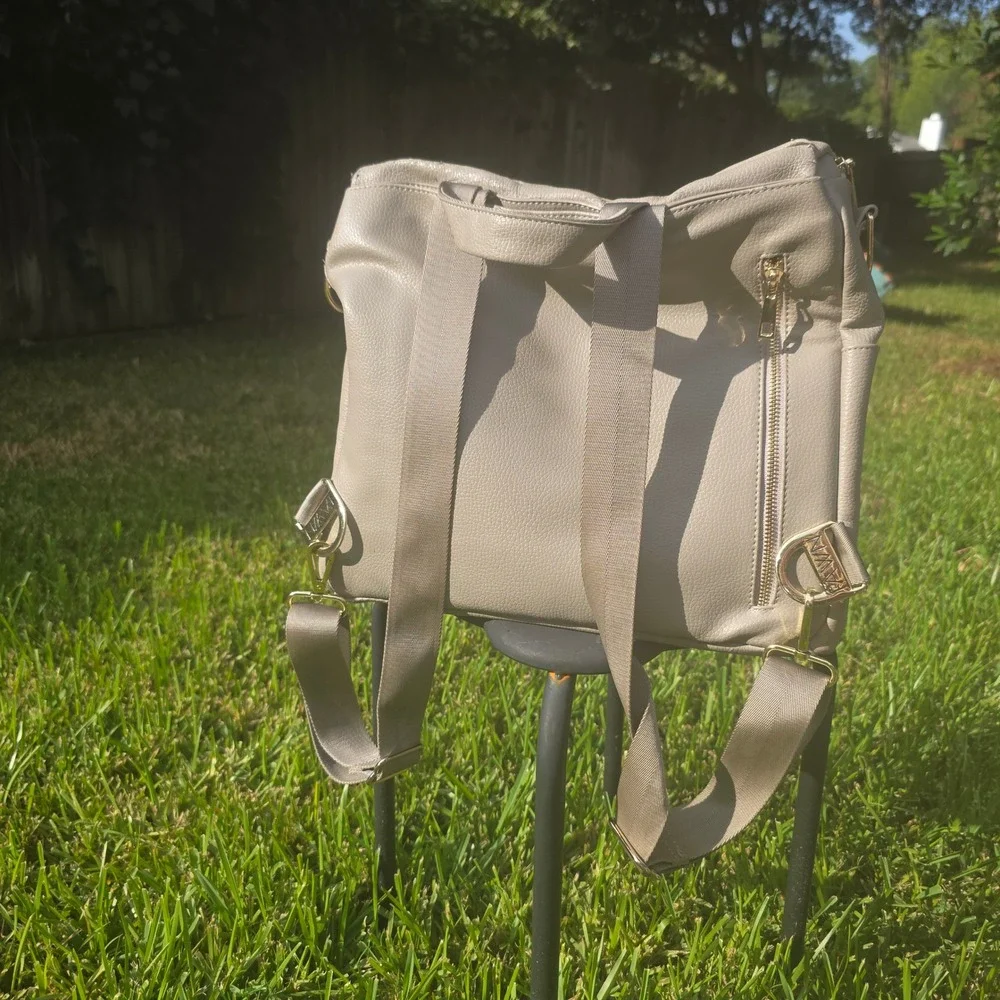 Fawn Design Original Diaper Bag Gray Vegan Leather Backpack Gold Hardware